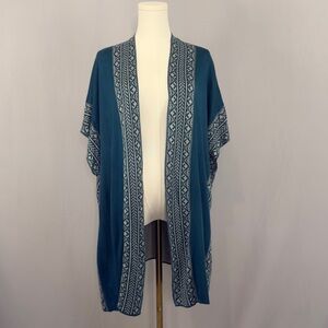 Teal Boho Open Front Cardigan with Patterned Trim Lightweight & Flowy